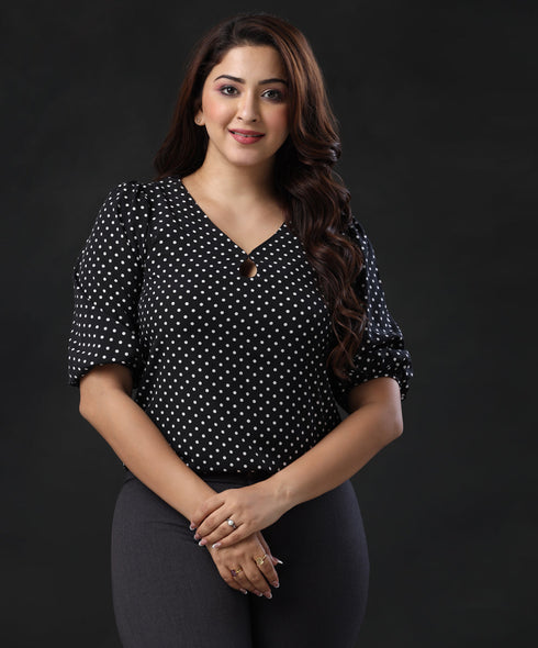 Half Sleeve Curved Vneck Black Top